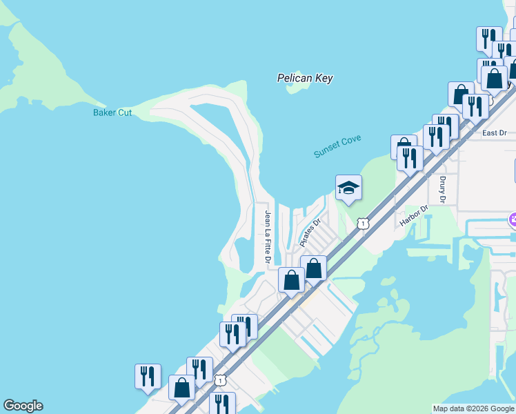 map of restaurants, bars, coffee shops, grocery stores, and more near 51 Jean La Fitte Drive in Key Largo