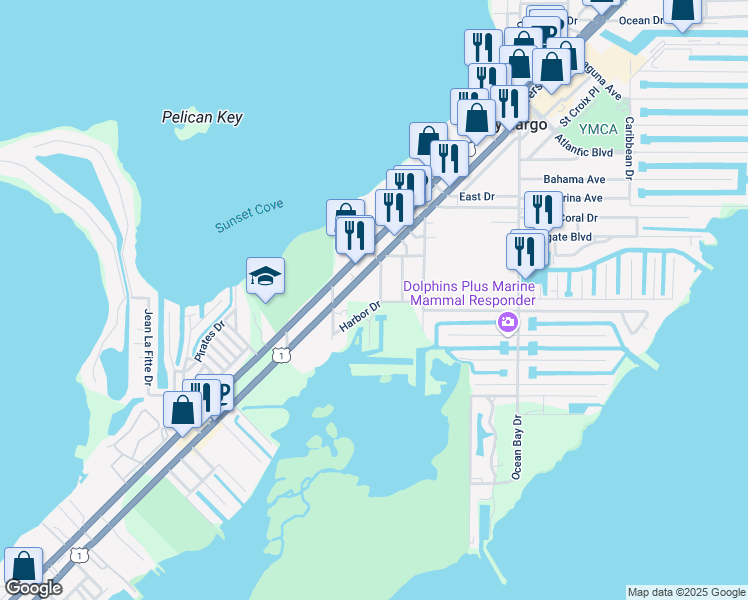map of restaurants, bars, coffee shops, grocery stores, and more near 198 Harbor Drive in Key Largo