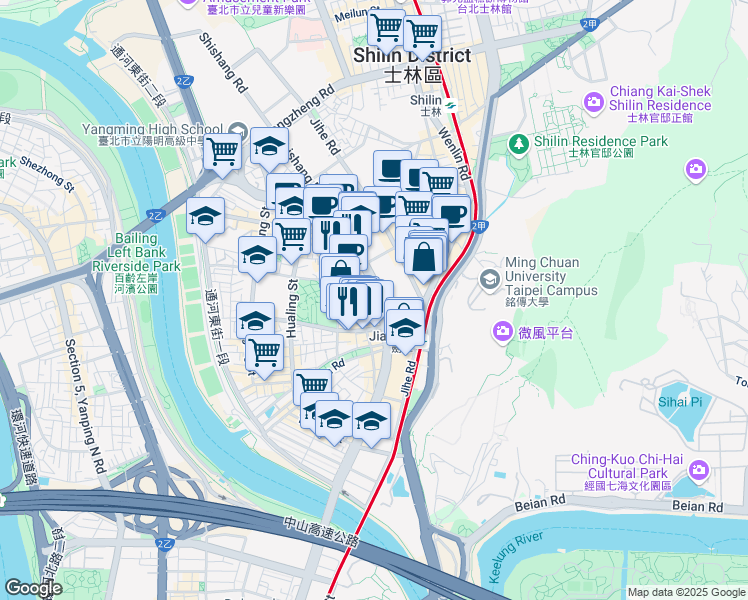 map of restaurants, bars, coffee shops, grocery stores, and more near 168 Section 4, Chengde Road in Shilin District