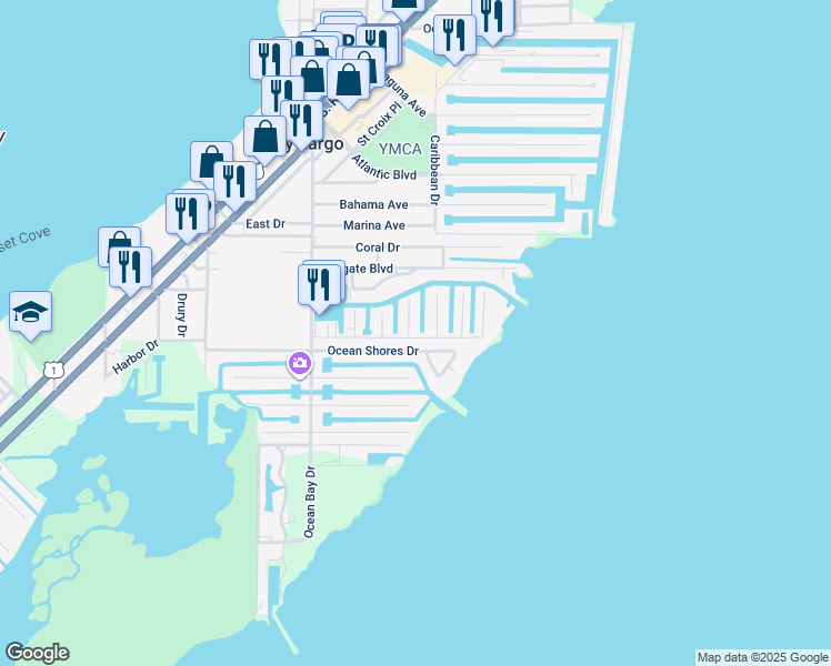 map of restaurants, bars, coffee shops, grocery stores, and more near 535 Ocean Way in Key Largo
