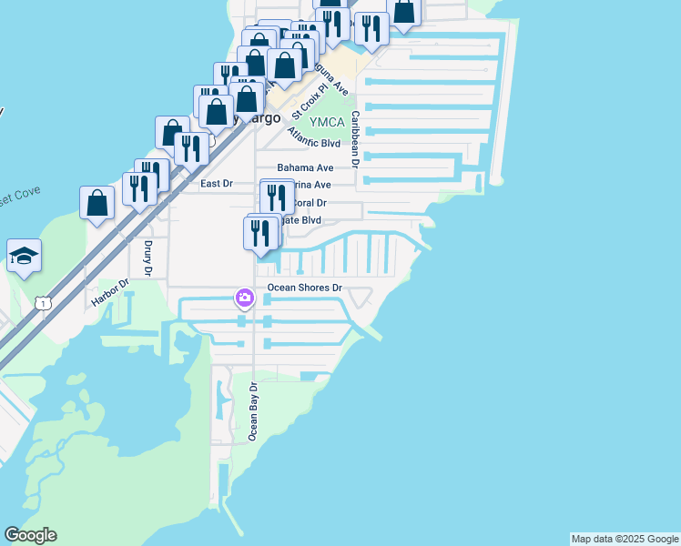 map of restaurants, bars, coffee shops, grocery stores, and more near 535 Ocean Way in Key Largo