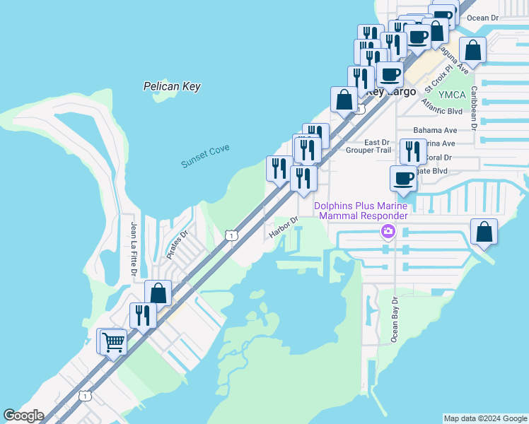 map of restaurants, bars, coffee shops, grocery stores, and more near 98800 Overseas Highway in Key Largo