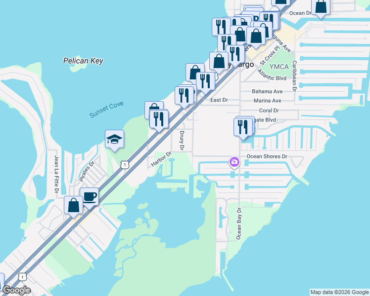map of restaurants, bars, coffee shops, grocery stores, and more near 19 Drury Drive in Key Largo