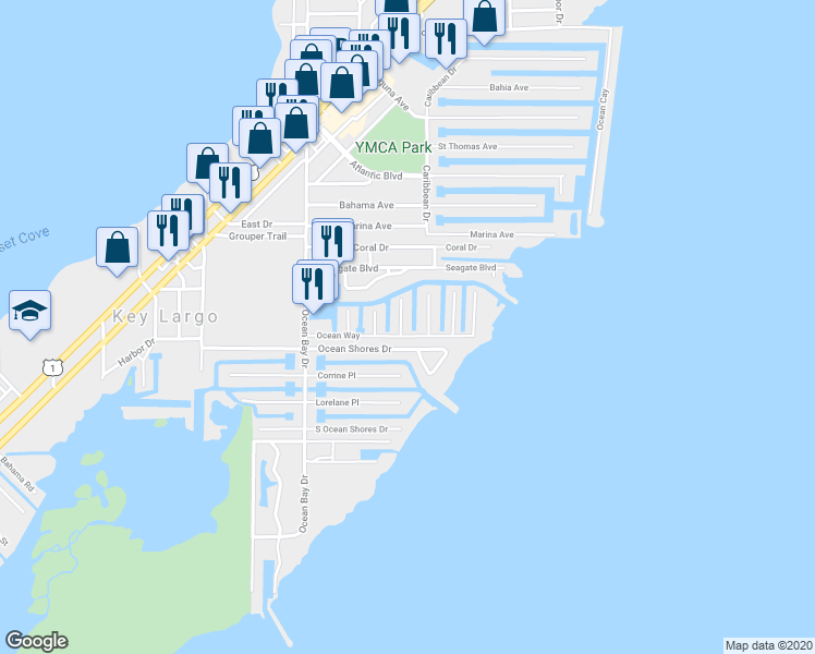 map of restaurants, bars, coffee shops, grocery stores, and more near 415 Mahogany Circle in Key Largo