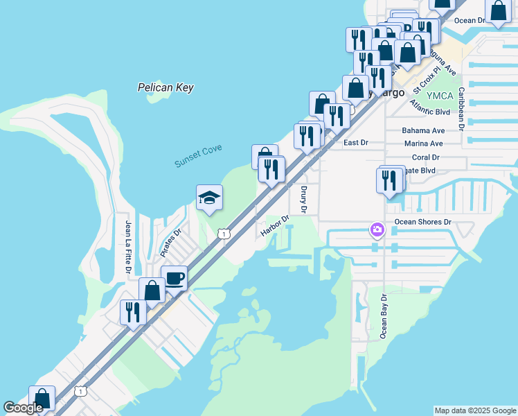 map of restaurants, bars, coffee shops, grocery stores, and more near 98800 Overseas Highway in Key Largo