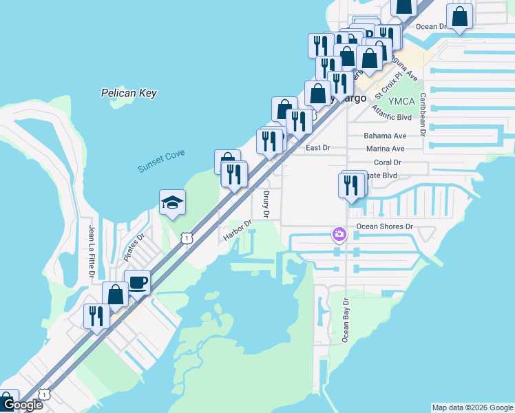 map of restaurants, bars, coffee shops, grocery stores, and more near in Key Largo