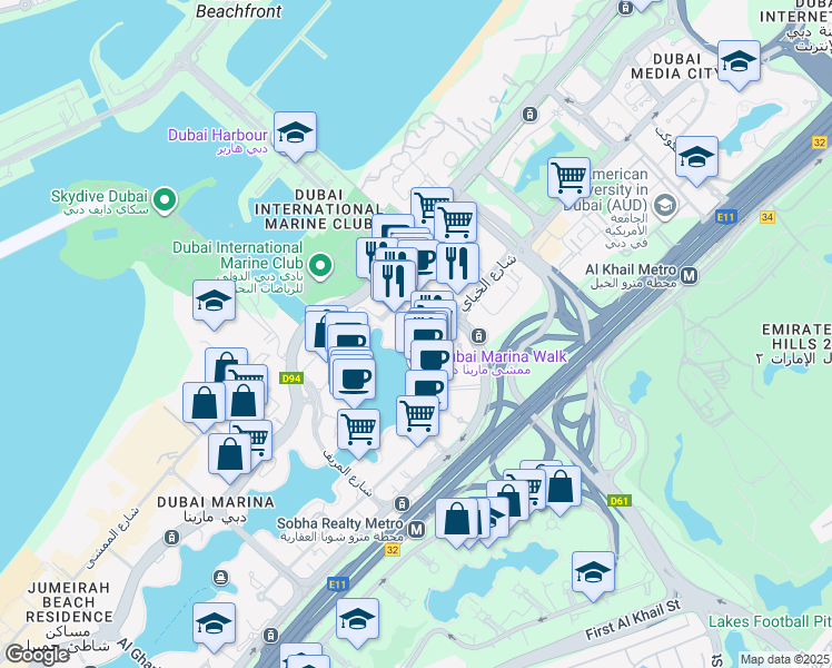 map of restaurants, bars, coffee shops, grocery stores, and more near Marina Promenade in Dubai