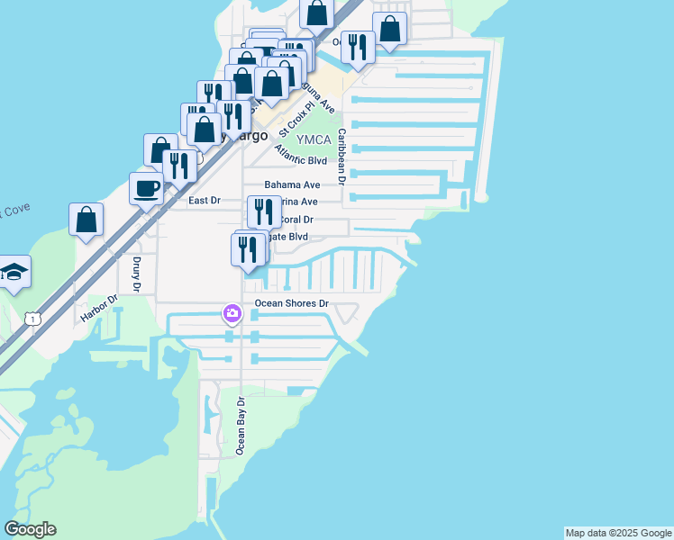 map of restaurants, bars, coffee shops, grocery stores, and more near 300 Buttonwood Circle in Key Largo