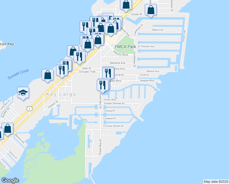 map of restaurants, bars, coffee shops, grocery stores, and more near 601 Portia Circle in Key Largo