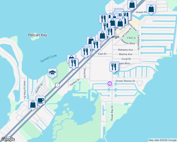 map of restaurants, bars, coffee shops, grocery stores, and more near 99001 Bell Road in Key Largo