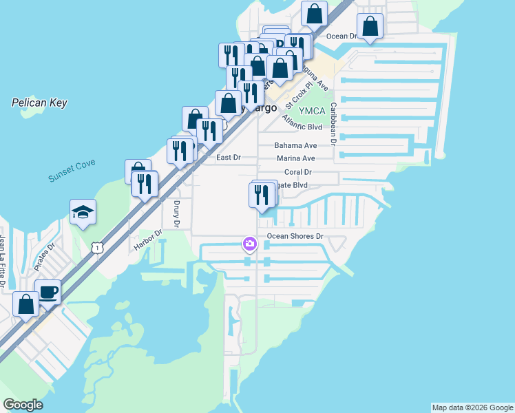 map of restaurants, bars, coffee shops, grocery stores, and more near 1380 Ocean Bay Drive in Key Largo