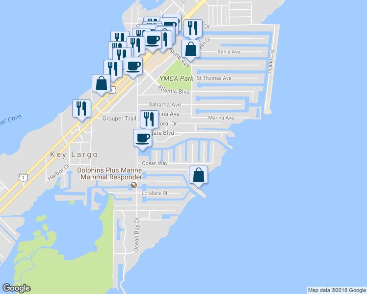 map of restaurants, bars, coffee shops, grocery stores, and more near 401 Mahogany Circle in Key Largo