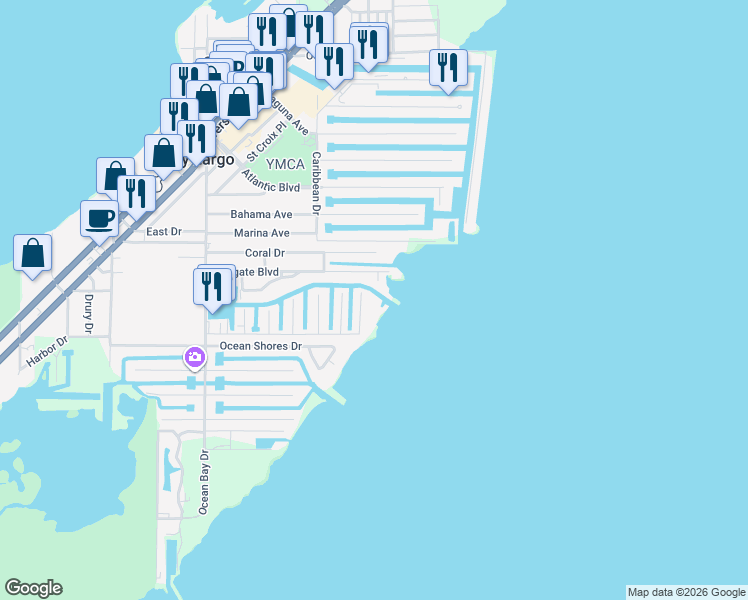map of restaurants, bars, coffee shops, grocery stores, and more near 101 Oleander Circle in Key Largo