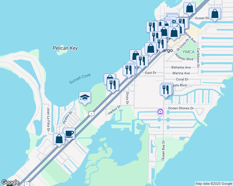 map of restaurants, bars, coffee shops, grocery stores, and more near 98851 Overseas Highway in Key Largo