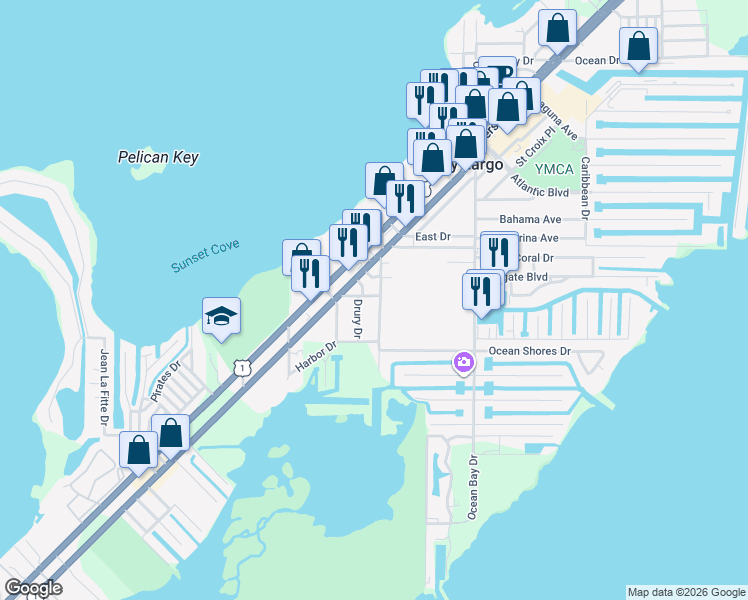 map of restaurants, bars, coffee shops, grocery stores, and more near 99001 Bell Road in Key Largo