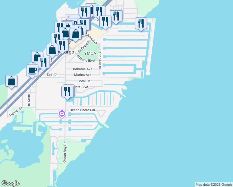 map of restaurants, bars, coffee shops, grocery stores, and more near 101 Oleander Circle in Key Largo