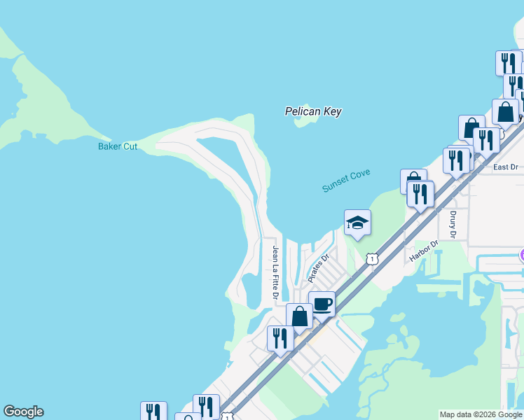 map of restaurants, bars, coffee shops, grocery stores, and more near 13 Mutiny Pl in Key Largo