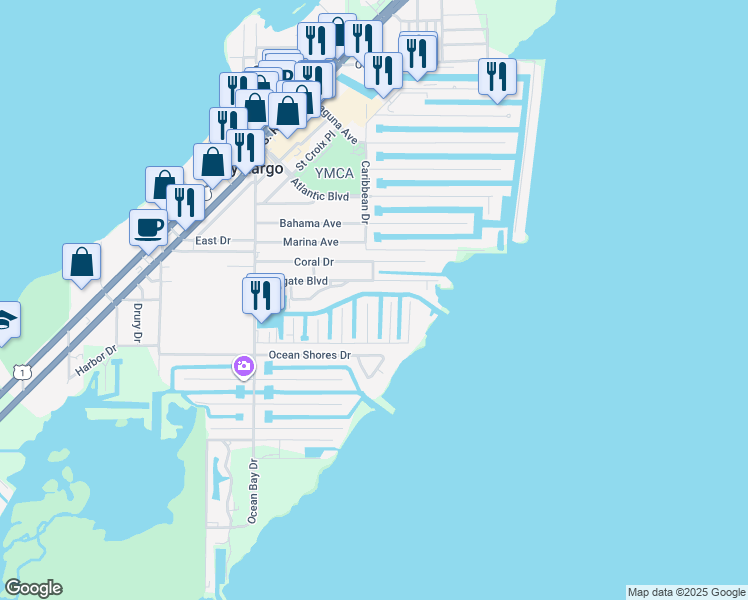 map of restaurants, bars, coffee shops, grocery stores, and more near 200 Wildwood Circle in Key Largo