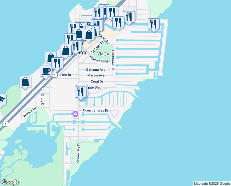 map of restaurants, bars, coffee shops, grocery stores, and more near 200 Wildwood Circle in Key Largo