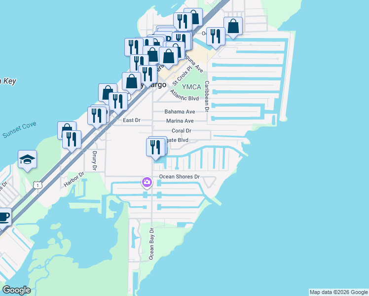 map of restaurants, bars, coffee shops, grocery stores, and more near 27 North Channel Drive in Key Largo