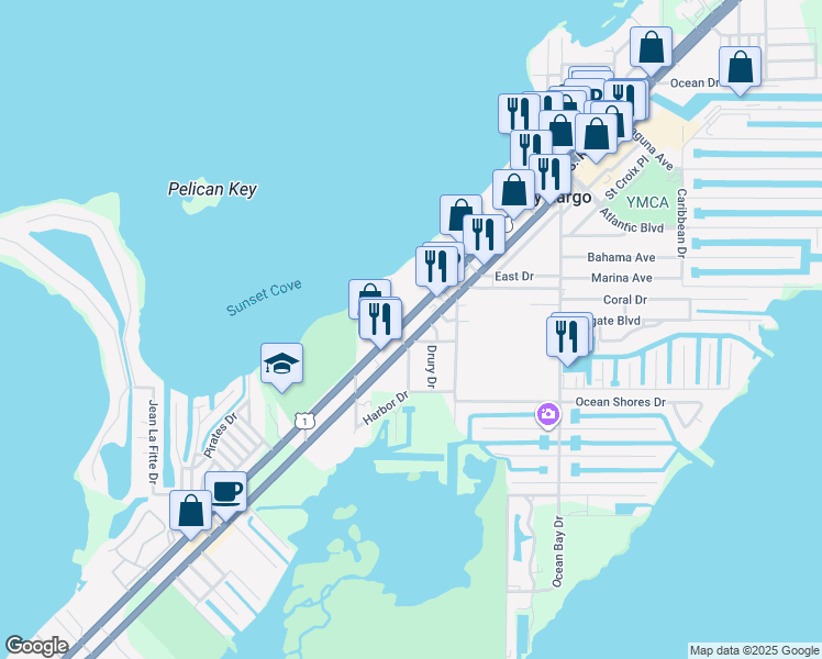map of restaurants, bars, coffee shops, grocery stores, and more near 98851 Overseas Highway in Key Largo