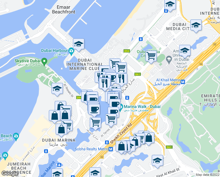 map of restaurants, bars, coffee shops, grocery stores, and more near in Dubai