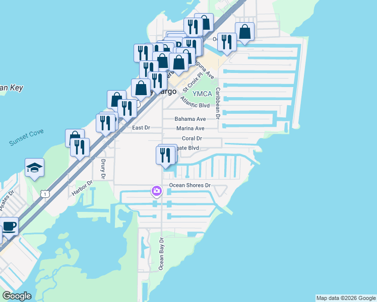 map of restaurants, bars, coffee shops, grocery stores, and more near 27 North Channel Drive in Key Largo