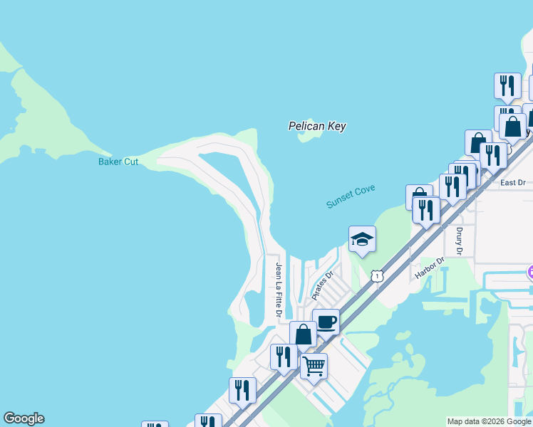 map of restaurants, bars, coffee shops, grocery stores, and more near 13 Mutiny Place in Key Largo