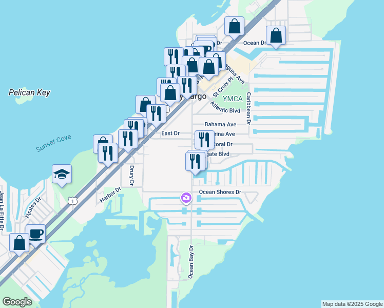 map of restaurants, bars, coffee shops, grocery stores, and more near 1 Seagate Boulevard in Key Largo