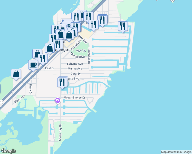 map of restaurants, bars, coffee shops, grocery stores, and more near 63 Coral Drive in Key Largo