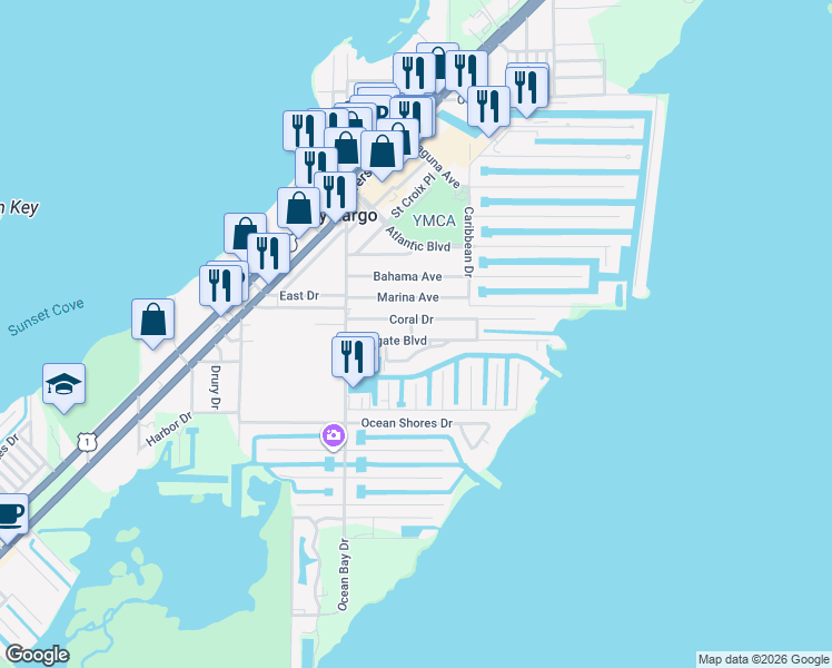 map of restaurants, bars, coffee shops, grocery stores, and more near 31 Coral Drive in Key Largo