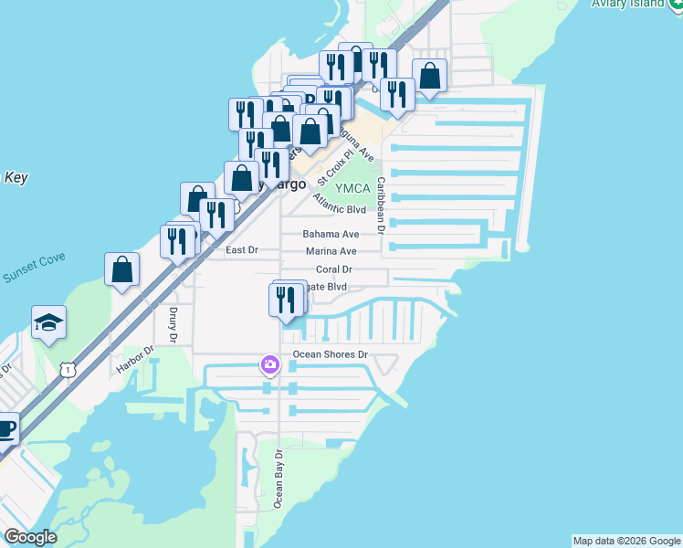 map of restaurants, bars, coffee shops, grocery stores, and more near 31 Coral Drive in Key Largo