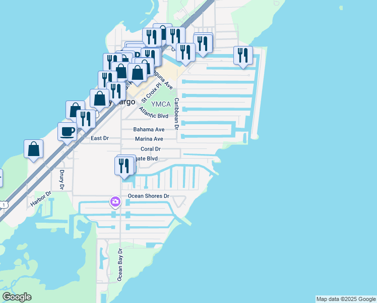 map of restaurants, bars, coffee shops, grocery stores, and more near 63 Coral Drive in Key Largo