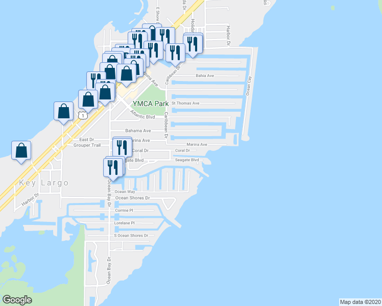 map of restaurants, bars, coffee shops, grocery stores, and more near 66 Coral Drive in Key Largo