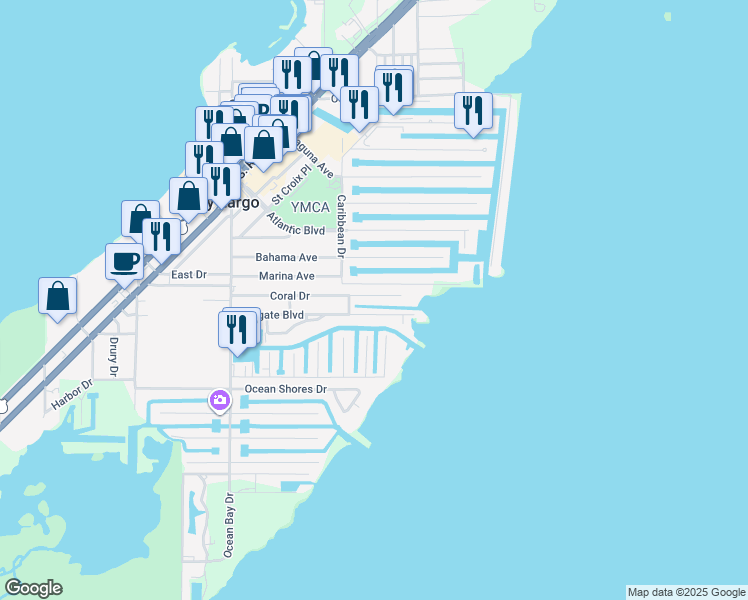 map of restaurants, bars, coffee shops, grocery stores, and more near 63 Coral Drive in Key Largo