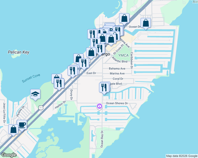 map of restaurants, bars, coffee shops, grocery stores, and more near 1 Seagate Boulevard in Key Largo