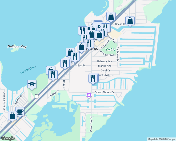 map of restaurants, bars, coffee shops, grocery stores, and more near 1 Seagate Boulevard in Key Largo
