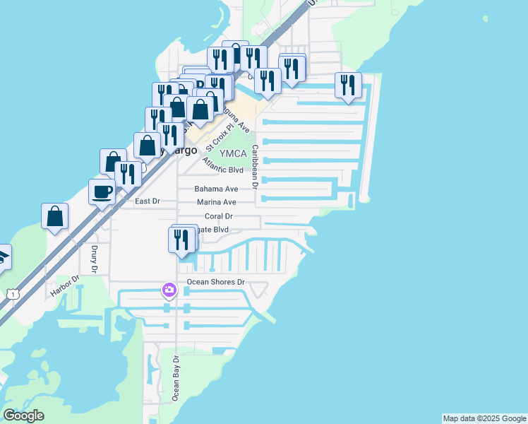 map of restaurants, bars, coffee shops, grocery stores, and more near 63 Coral Drive in Key Largo