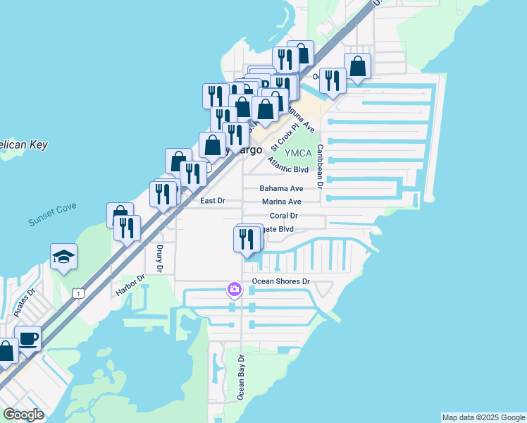 map of restaurants, bars, coffee shops, grocery stores, and more near 16 Coral Drive in Key Largo