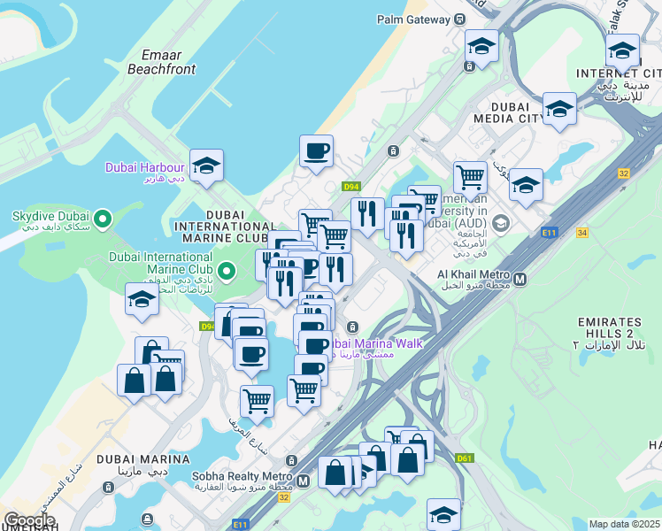 map of restaurants, bars, coffee shops, grocery stores, and more near Al Sharta Street in Dubai