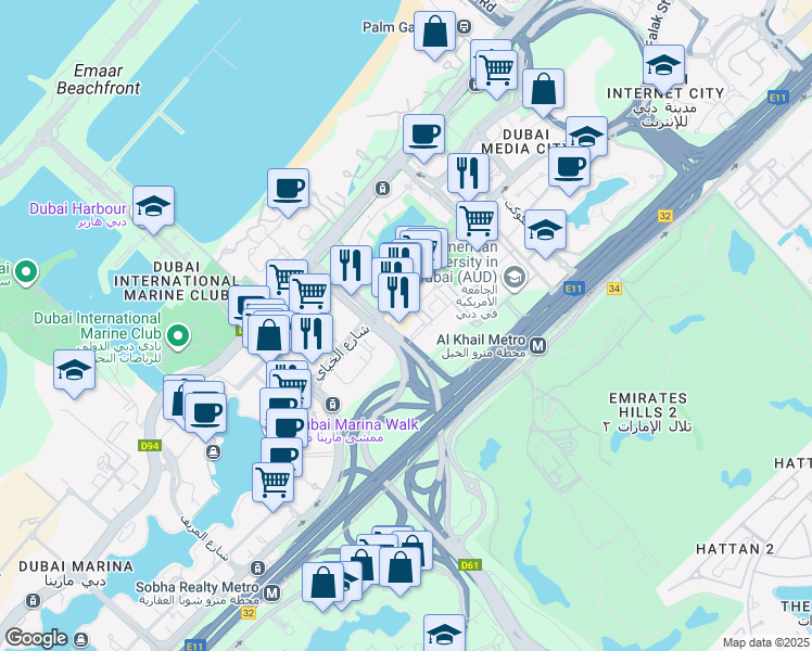 map of restaurants, bars, coffee shops, grocery stores, and more near 10 Al Jowzaa Street in Dubai