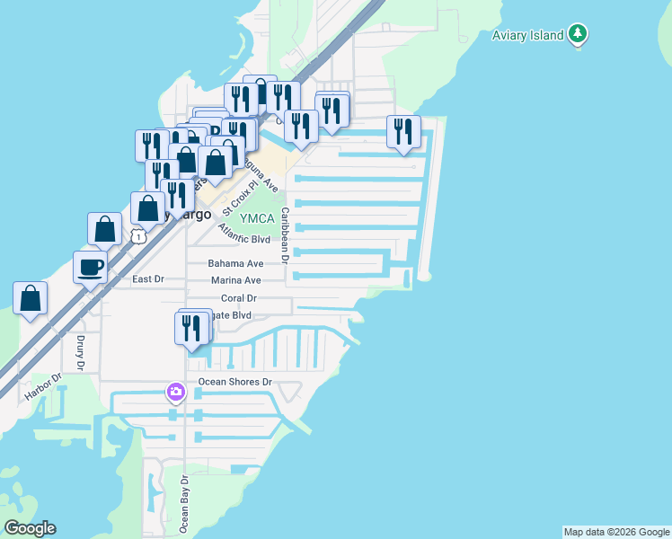 map of restaurants, bars, coffee shops, grocery stores, and more near 157 Bahama Avenue in Key Largo