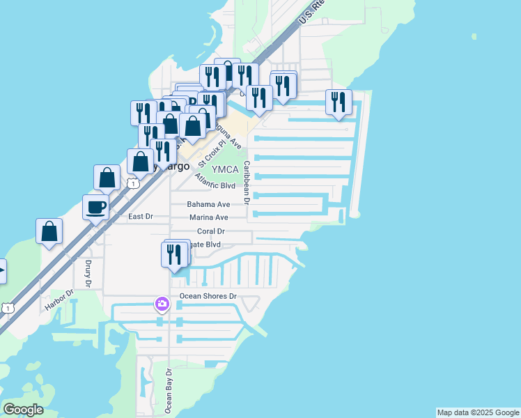 map of restaurants, bars, coffee shops, grocery stores, and more near 170 Bahama Ave in Key Largo