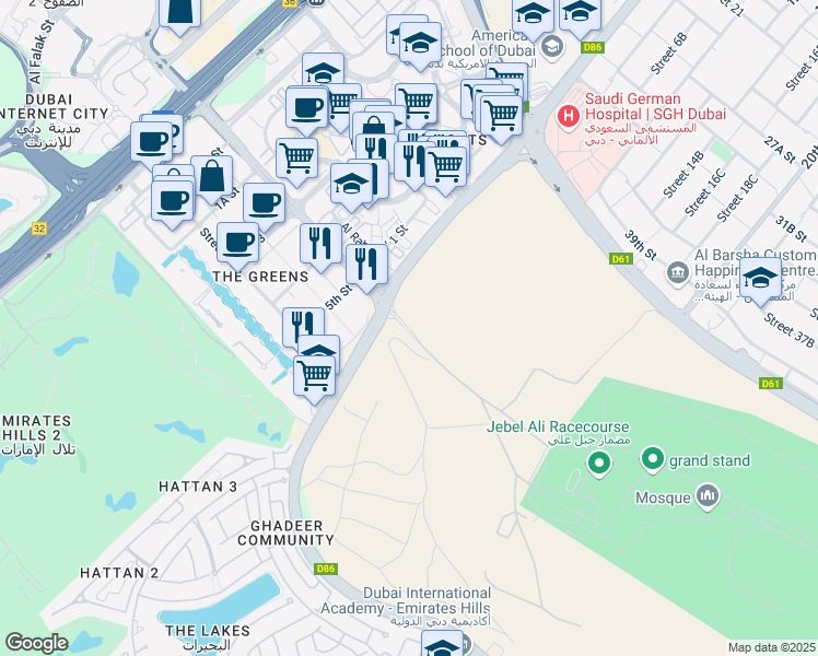 map of restaurants, bars, coffee shops, grocery stores, and more near Jebel Ali Race Course Road in Dubai