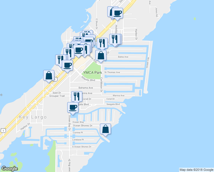 map of restaurants, bars, coffee shops, grocery stores, and more near 170 Bahama Avenue in Key Largo