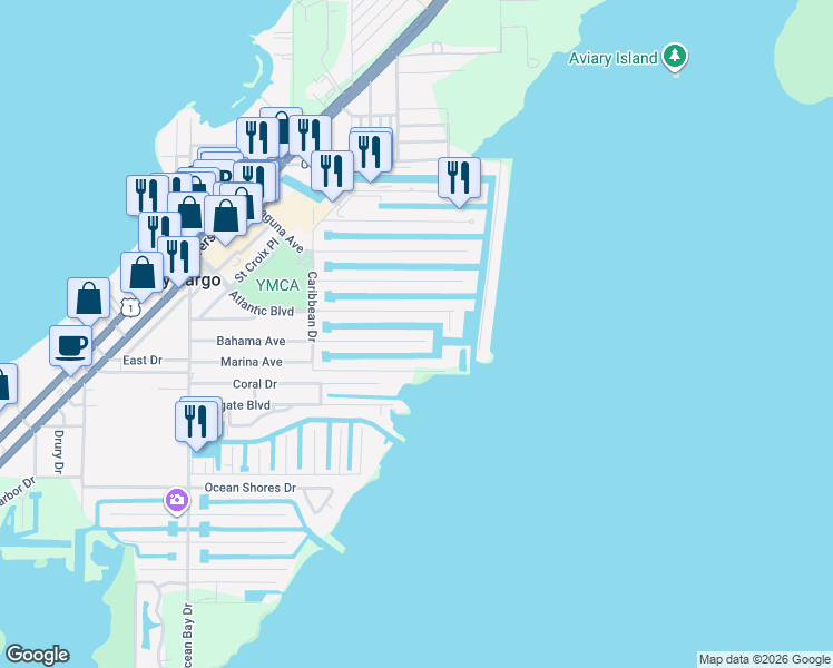 map of restaurants, bars, coffee shops, grocery stores, and more near 184 Bahama Avenue in Key Largo