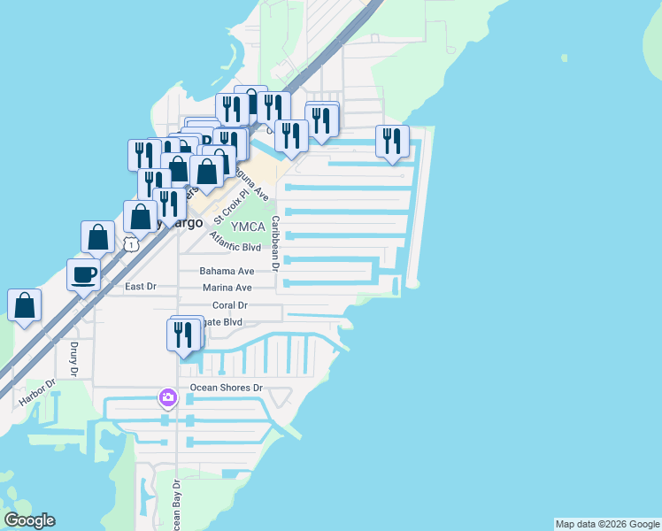 map of restaurants, bars, coffee shops, grocery stores, and more near 157 Bahama Avenue in Key Largo