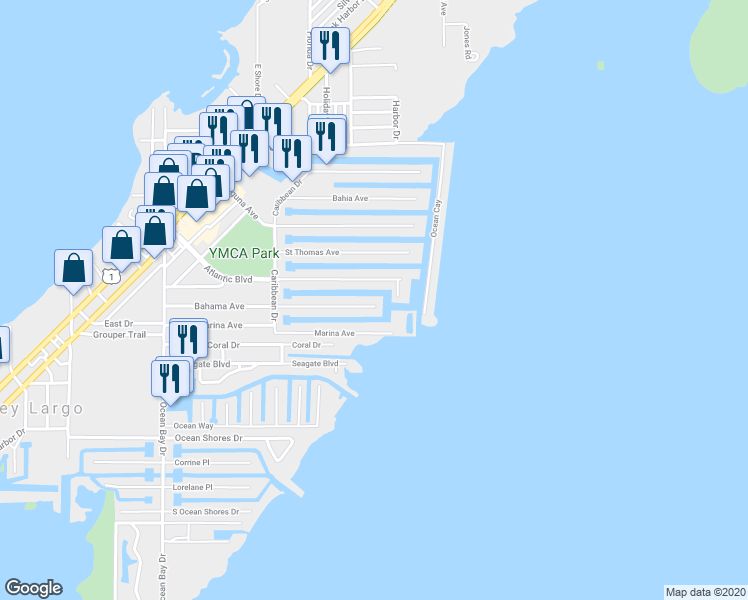 map of restaurants, bars, coffee shops, grocery stores, and more near 185 Bahama Avenue in Key Largo