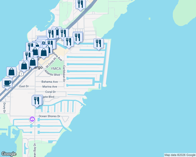 map of restaurants, bars, coffee shops, grocery stores, and more near 185 Atlantic Boulevard in Key Largo