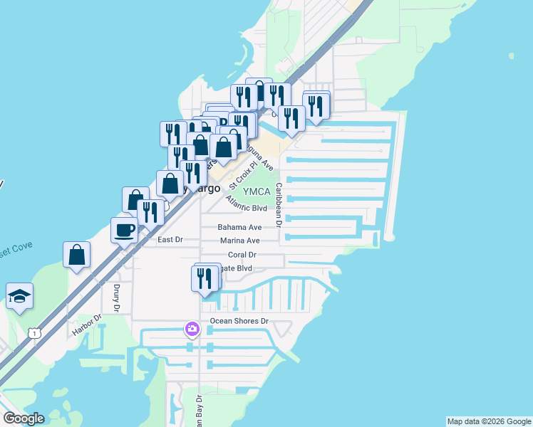 map of restaurants, bars, coffee shops, grocery stores, and more near 74 Bahama Avenue in Key Largo